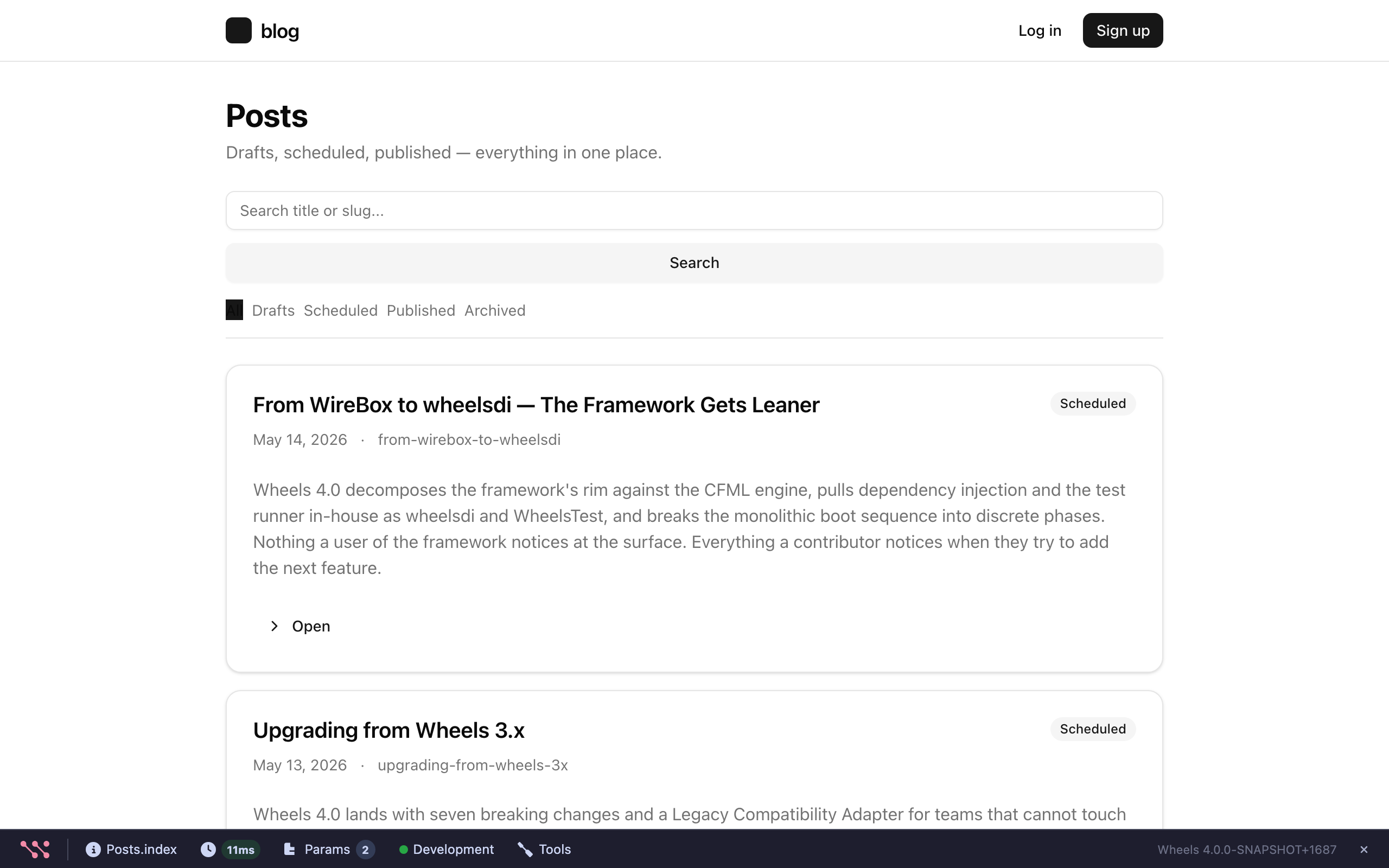 The Wheels debug bar pinned to the bottom of a browser window: Wheels logo, Posts.index controller.action, timing badge, Params, Development environment, and Tools tabs, with Wheels 4.0.0-SNAPSHOT version on the right