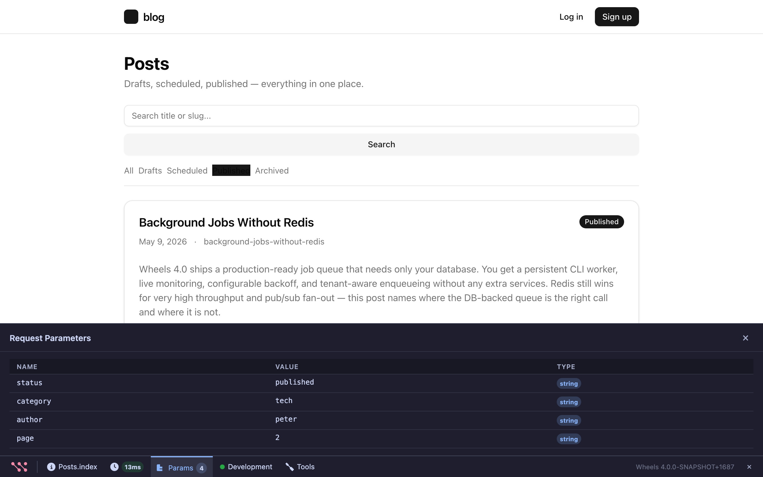 Params panel showing the Request Parameters table with Name, Value, Type columns — four rows for status=published, category=tech, author=peter, page=2 — all string type