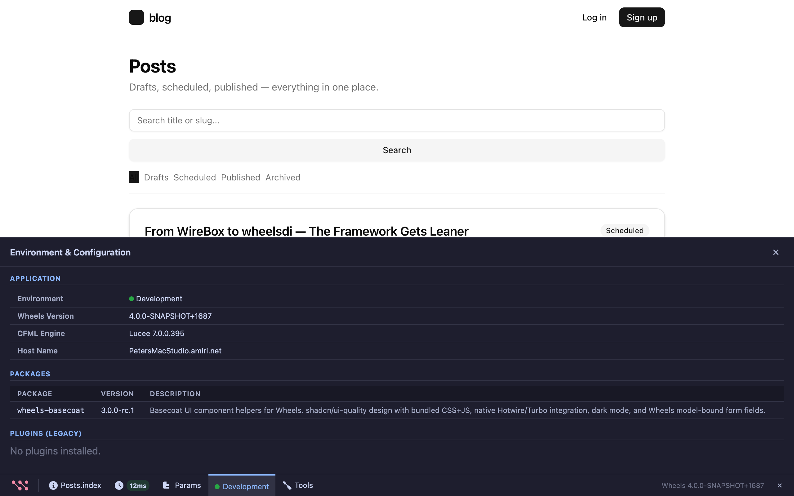 Environment & Configuration panel showing Application section with Environment (Development with green dot), Wheels Version, CFML Engine (Lucee 7.0.0.395), Host Name; Packages section listing wheels-basecoat; and Plugins (Legacy) "No plugins installed."